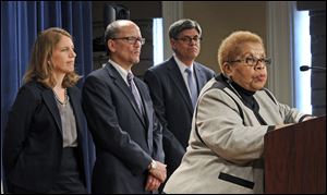 Acting Social Security Commissioner Carolyn Colvin, right, speaks at a news conference at the Treasury Department in Washington, today to discuss the release of the annual Trustees Reports. From left are, Health and Human Services Secretary Sylvia Burwell, Labor Secretary Thomas Perez, Treasury Secretary and Managing Trustee Jacob J. Lew and Colvin.