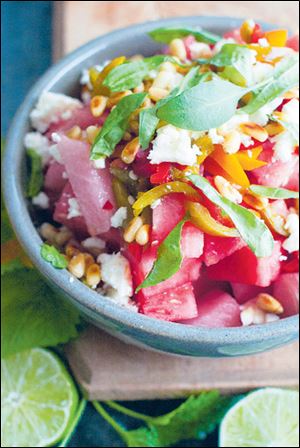 Spicy watermelon salad with feta and basil.