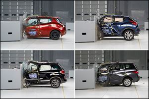 This combination made with photos provided by the Insurance Institute for Highway Safety shows, clockwise from top left: the 2014 Nissan Leaf, the 2014 Nissan Juke, the 2014 Mazda5 wagon, and the 2014 Fiat 500L during crash tests in 2014. These four vehicles fared worst in frontal crash tests.