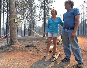 Nancy and Victor Rineman of Phoenix, Ore. stand in front of the entrance to their destroyed 20-acre summer retreat where five cabins once stood in the area of the Soda Mountain Wilderness in Oregon