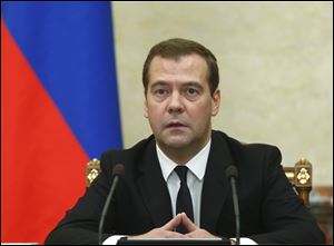 Russian Premier Dmitry Medvedev announces sanctions at the Cabinet meeting in Moscow today. The move was taken on orders from President Vladimir Putin in response to sanctions imposed on Russia by the West over the crisis in Ukraine. 