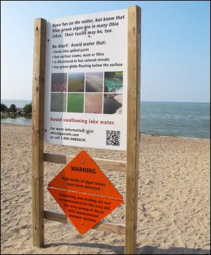 A sign says swimming and wading at Maumee Bay State Park aren’t for everybody thanks to the algae bloom. Not many on Thursday chose to go in anyway.