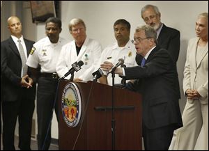 Ohio Attorney General Mike DeWine announces during a news conference at the Lucas County Emergency Center in Toledo a new pilot program to guide heroin addicts in their recovery. The program launched in June in­ves­ti­gates non­fa­tal over­dose cases by reach­ing out to fam­ilies and providing re­sources to get them into treat­ment.