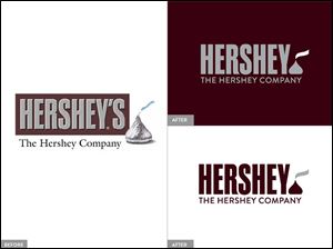 This image provided by The Hershey Company shows the company's old, left, and new, right, corporate logos.