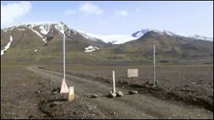 A sign is posted on the road next to Bardarbunga, a subglacial stratovolcano located under Iceland's largest glacier.  