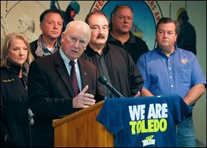 Toledo mayoral candidate Carty Finkbeiner announces he has the support of several labor unions during a news conference today at the United Building Trades Hall in Toledo. 