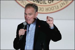 Democratic vice presidential candidate, Tim Kaine, a U.S. senator from Virginia, speaks to union members in Warren, Mich. He was in Macomb County on Oct. 30.