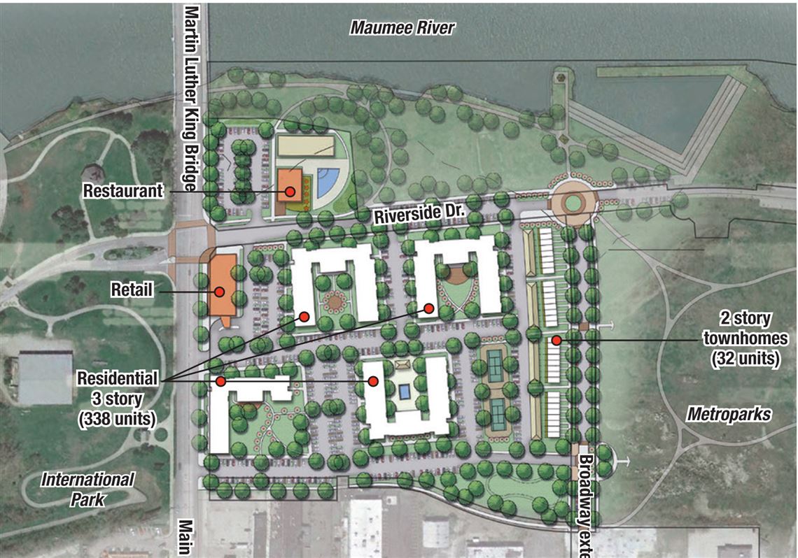 The proposed Marina District development would have apartments that would sit between Main Street on one side and a yet-to-be-named Metropark on the other side.