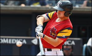 Jason Krizan hits a two-run triple against the Indianapolis Indians during the Mud Hens final game last season.