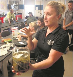 Kristin Stanford, Ohio Sea Grant and OSU Stone Laboratory snake researcher, with a dead Lake Erie water snake in a jar. 