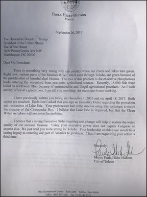 A letter dated Tuesday from Toledo Mayor Paula Hicks-Hudson to Donald Trump on the status of Lake Erie.