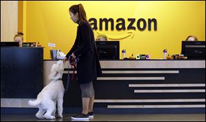An Amazon employee gives her dog a biscuit as the pair head into a company building, where dogs are welcome, in Seattle. 