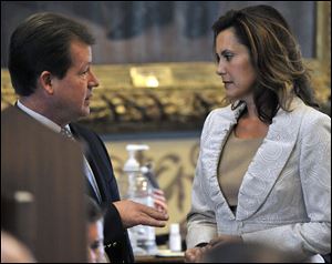 Former Michigan Senate Majority Leader Randy Richardville and Senate Minority Leader Gretchen Whitmer in 2013. Whitmer is the front-runner to be the Democratic nominee for governor.
