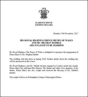 This handout issued by Clarence House on Monday Nov. 27, 2017, shows the letter announcing the engagement between Prince Harry and Meghan Markle. They will marry in the spring. 