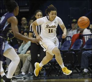 Toledo's Jay-Ann Bravo-Harriott, shown in a game earlier this season, is averaging 11.7 points per game for the Rockets.