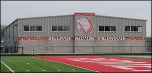 The fieldhouse at Bellevue High School features an Indian logo and the school's Redmen nickname.