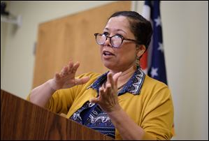 Celia Williamson, director of the University of Toledo Human Trafficking and Social Justice Institute, speaks during a news conference at the Reynolds Corner Branch Library in April of 2017.