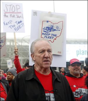 Bruce Baum-hower, UAW Local 12 president, joins the rally to protest FCA’s plan to move the work. ‘This was done with no negotiations,’ he said.