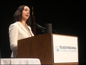 Valerie Sathe Brugeman from the Center for Automotive Research in Ann Arbor speaks during the Toledo Regional Chamber of Commerce's 124th annual meeting January 24, 2018. The focus this year was on the role of autonomy in the field of transportation. 