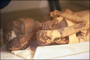 A close-up of one of two mummies on display for the exhibit in 2008.