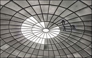 Workers fit the final sections of Southwyck Mall's glass dome on May, 10, 1972. 