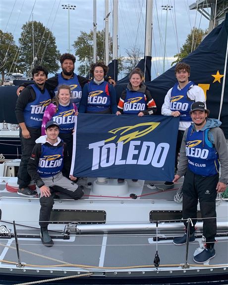 The University of Toledo Sailing Club crew that competed in the recent Kennedy Cup included (back row, left to right) Nathan St. Clair, Jayson Miller, Carly Fraker, Shelby Level, Brian Pribe; (front row) Alex Schock, Brigid Monihan, and Jon Gibson.