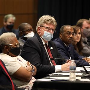 State Rep. Jim Hoops (R-Napoleon) listens during a meeting. (THE BLADE)