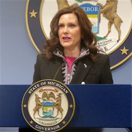 Mich. Gov. Gretchen Whitmer speaks at a news conference on Friday, March 11, 2022, at the governor's office in Lansing, Mich.
