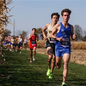 Anthony Wayneu2019s Connor Long followed by Perrysburgu2019s Anthony Clark the compete for first in the Division I district boys cross country race at Leaders Farms in Napoleon, Oct 22.