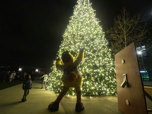 Muddy reacts after lighting the Christmas tree at Hensville on Nov. 18, 2022, in Toledo.