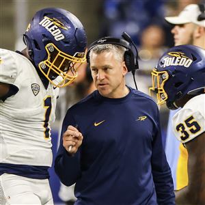University of Toledo head coach Jason Candle gives instructions, Dec. 3, at Ford Field in Detroit, Michigan.