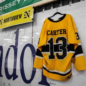A Northview Wildcats jersey hangs honoring the life of a student during a hockey game St. Johnu2019s Jesuit Titans on Dec. 9 at the Tam-O-Shanter in Sylvania. 