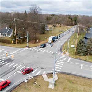 An aerial view is shown from a drone of the Centennial Road and Bancroft Street intersection in Sylvania Township on Friday.  A roundabout is planned for this intersection. 