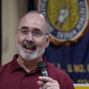 United Auto Workers President Shawn Fain speaks to Volkswagen auto workers April 19 in Chattanooga, Tenn., after workers at a VW factory voted to join the UAW. 
