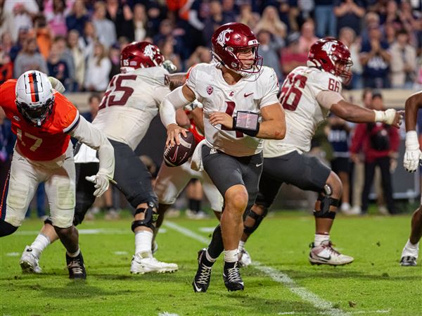 Washington State quarterback Zevi Eckhaus (4) looks to pass against Virginia during the second half of an NCAA college football game on Oct. 18 in Charlottesville, Va.