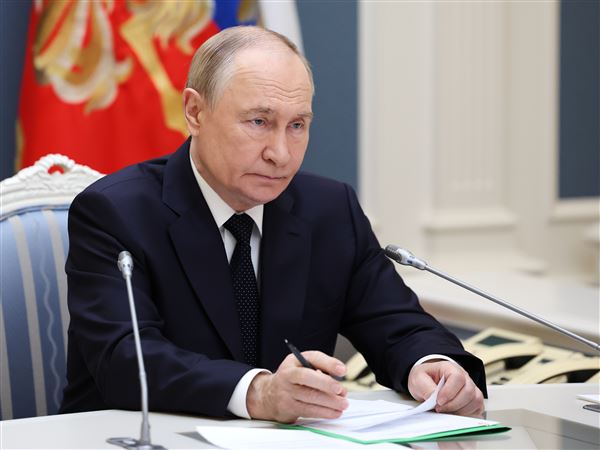 Russia President Vladimir Putin conducts a strategic nuclear forces exercise via videoconference from the Presidential Situation Centre at the Kremlin in Moscow, on Oct. 22.