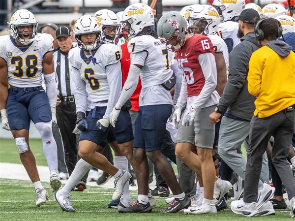 Toledo players react following an interception by Toledo safety Braden Awls, center, Saturday during a nonconference game at Gesa Field in Pullman, Wash. Washington State defeated Toledo 28-7.