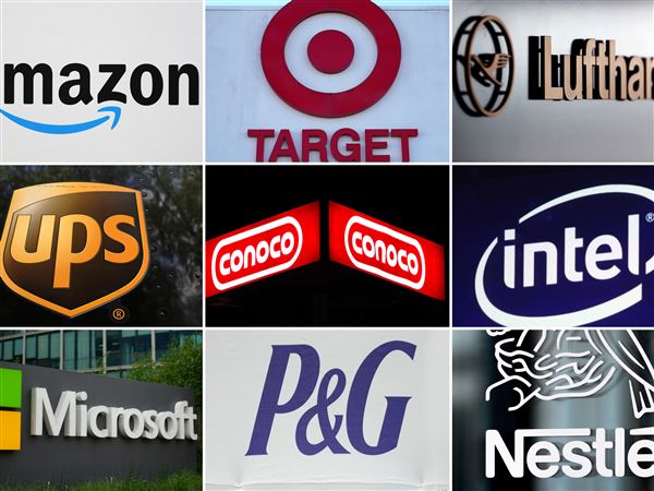 Clockwise from top left, the company logos for Amazon, Target, Lufthansa Group, UPS, ConocoPhillips, Intel, Microsoft, Procter & Gamble and Nestle. 