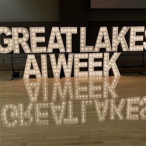 A sign lights up the ballroom in the student union at Bowling Green State University.