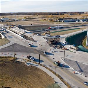 An aerial view from a drone shows construction work continuing on the diverging diamond at I-75 and Hancock County Road 99 north of Findlay on Nov. 6.