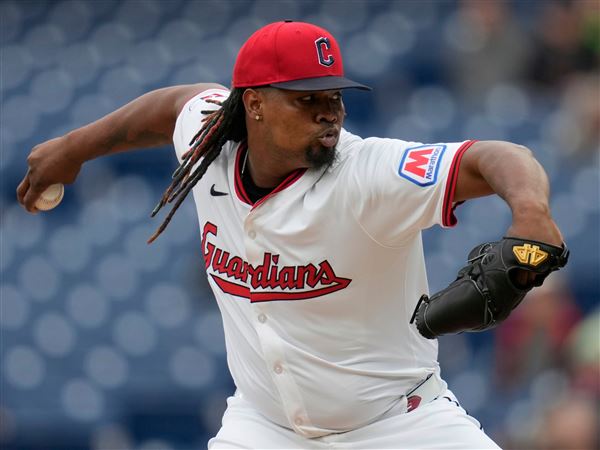 Cleveland Guardians' Luis Ortiz pitches in the first inning of a baseball game against the Minnesota Twins, in Cleveland, April 30.