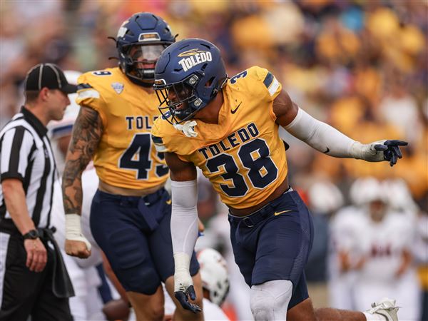 Toledo’s K’Von Sherman celebrates a sack during a college football game Sept. 13 at the University of Toledo’s Glass Bowl in Toledo.
