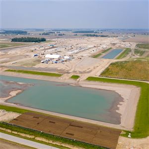 An aerial view from a drone shows construction work continuing on the Meta Data Center on June 12 in Middleton Township.