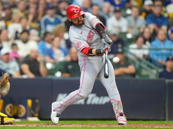 Image for Eugenio Suárez hits a 3-run homer to lift Reds past Brewers 4-3 and avoid a winless road trip